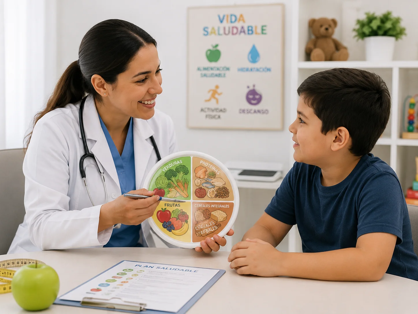 Un especialista en pediatría conversando amigablemente sobre nutrición y salud con un niño